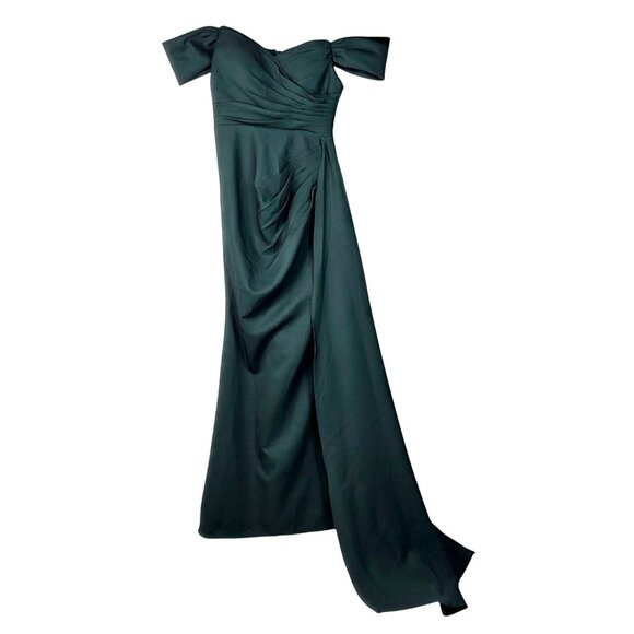 Emerald Green Off the Shoulder Long Train Layered Pleated Bridesmaid Gown Size 8 - Picture 1 of 9